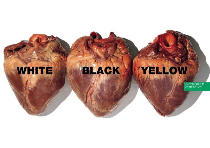 Benetton reklama - trzy serca white black yellow